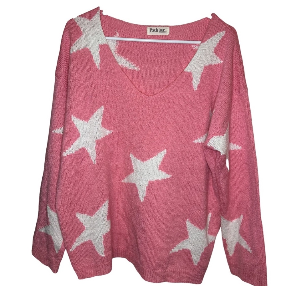 PEACH LOVE SWEATER PINK WITH WHITE STARS SIZE MEDIUM WOMENS